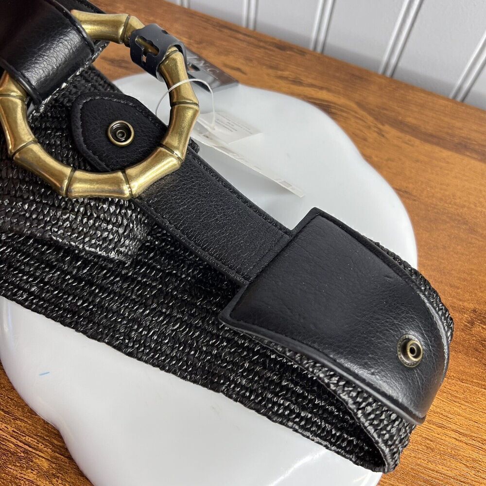 INC Sz S-M Stretch Black Woven Womens Belt Gold Tone Bambo Buckle Boho NICE - Picture 4 of 8